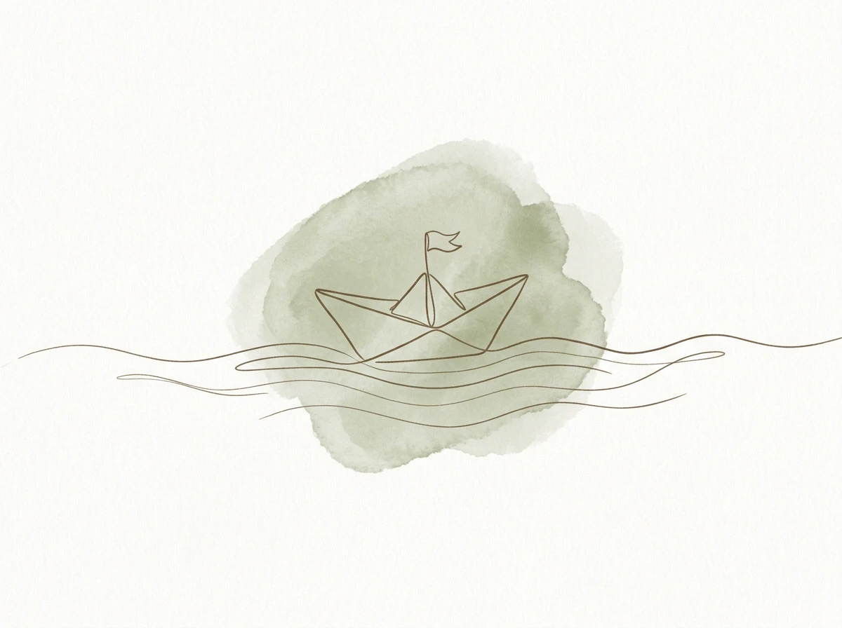 Line-art drawing of a paper boat floating on gentle ripples