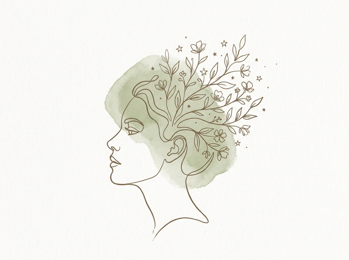Line-art drawing of a human profile blooming into branches and stars