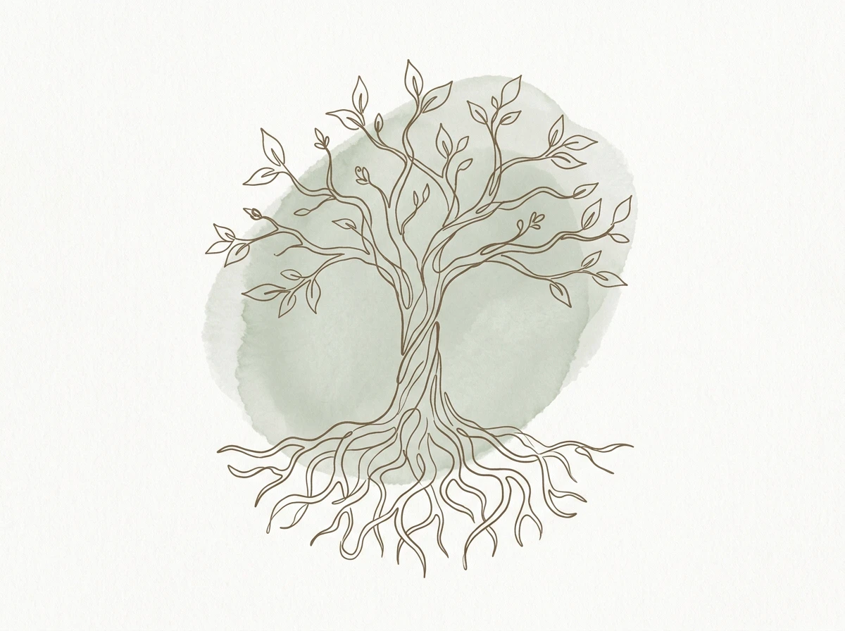 Line-art drawing of a tree with flowing roots and leaves