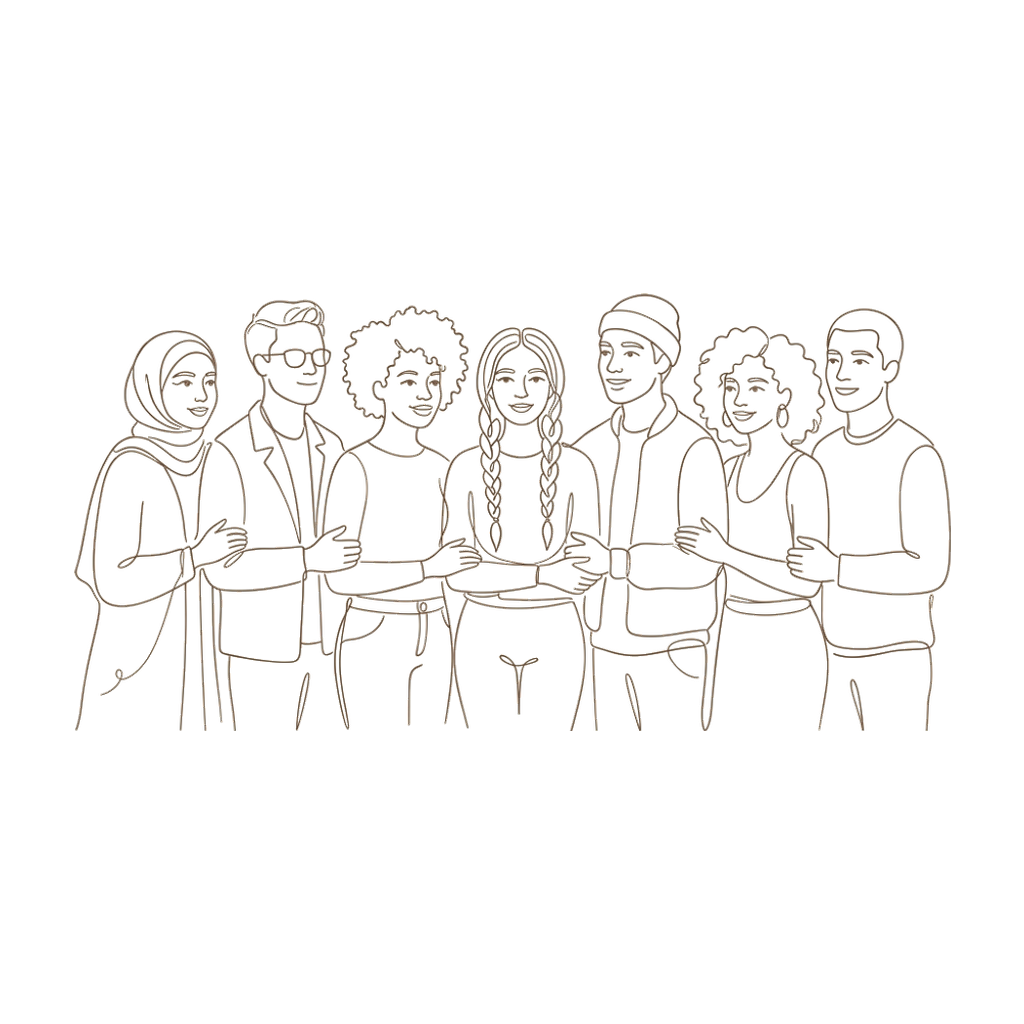 Line art of a diverse group of people standing together
